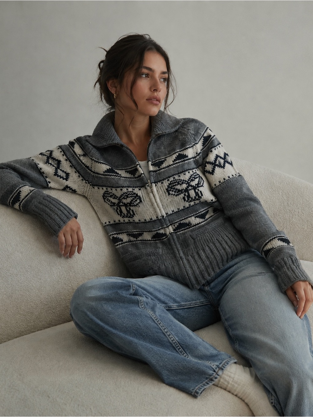 Aritzia TNA Full Zip Fair Isle Knit Sweater | Size Small